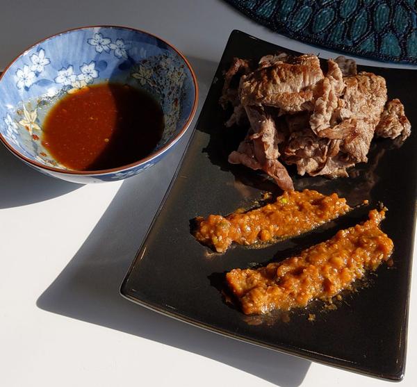 ssamjang sauce with beef and some homemade korean inspired hot sauce